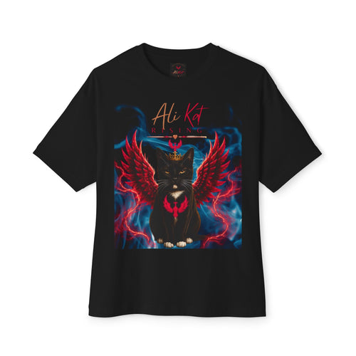 Introducing the Phoenix Season: Vol. 1 Signature Oversized Tee by AliKat Rising—a premium heavyweight cotton unisex t-shirt showcasing a bold black cat with vibrant red wings, crowned and highlighted with glowing blue and red details. Above, "Ali Kat RISING" stands out in striking red and gold script, making this a true Phoenix Season centerpiece.