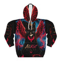 Sure! Here’s a revised version of your sentence using the provided product data: The Phoenix Vol. 1 Premium Motivational Hoodie by AliKat Rising is a black hoodie featuring a striking design of a black cat with red fiery wings, glowing red eyes, and a crown. "AliKat RISING" is printed on the front pocket against swirling red and blue flames. Available in sizes XS, S, M, L, XL, and 2XL—please refer to our size chart for your ideal fit and clothing length.