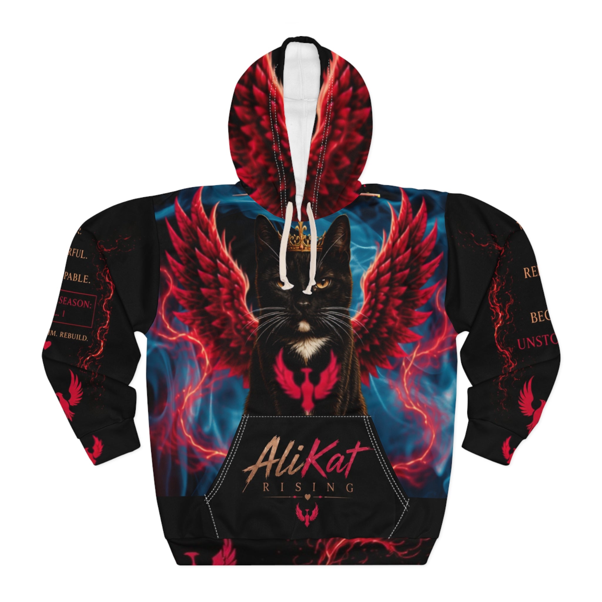 Sure! Here’s a revised version of your sentence using the provided product data: The Phoenix Vol. 1 Premium Motivational Hoodie by AliKat Rising is a black hoodie featuring a striking design of a black cat with red fiery wings, glowing red eyes, and a crown. "AliKat RISING" is printed on the front pocket against swirling red and blue flames. Available in sizes XS, S, M, L, XL, and 2XL—please refer to our size chart for your ideal fit and clothing length.