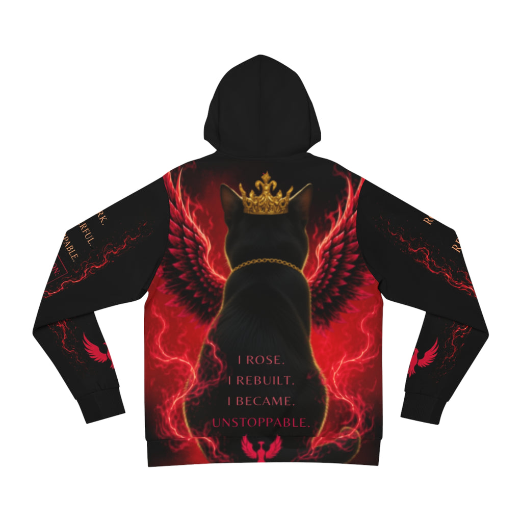 Introducing the Phoenix Wings Hoodie — AliKat Flame Graphic Pullover by AliKat Rising: This hoodie showcases a striking design of a black cat with red wings and a golden crown set against a glowing, fiery red background. The front features the empowering words: “I rose. I rebuilt. I became. Unstoppable.” Available in sizes S, M, L, XL, and 2XL—please consult the size chart for detailed length and width measurements.