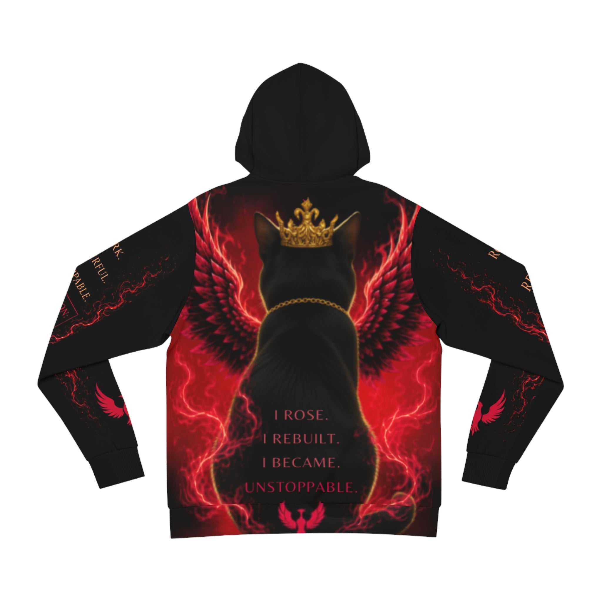 Introducing the Phoenix Wings Hoodie — AliKat Flame Graphic Pullover by AliKat Rising: This hoodie showcases a striking design of a black cat with red wings and a golden crown set against a glowing, fiery red background. The front features the empowering words: “I rose. I rebuilt. I became. Unstoppable.” Available in sizes S, M, L, XL, and 2XL—please consult the size chart for detailed length and width measurements.