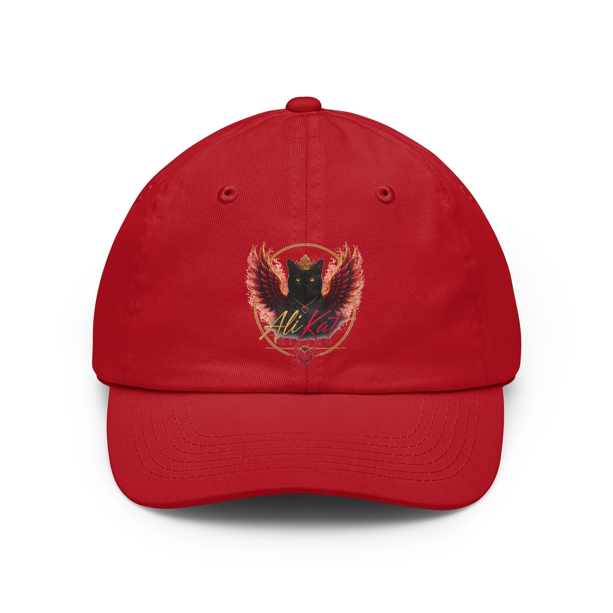 Introducing the AliKat Rising Phoenix vol 1 dad hat by AliKat Rising—a red, low-profile cap featuring an embroidered crest of a black cat with vivid red wings and “AliKat” delicately stitched beneath. Its modern, relaxed fit makes it ideal for everyday wear.
