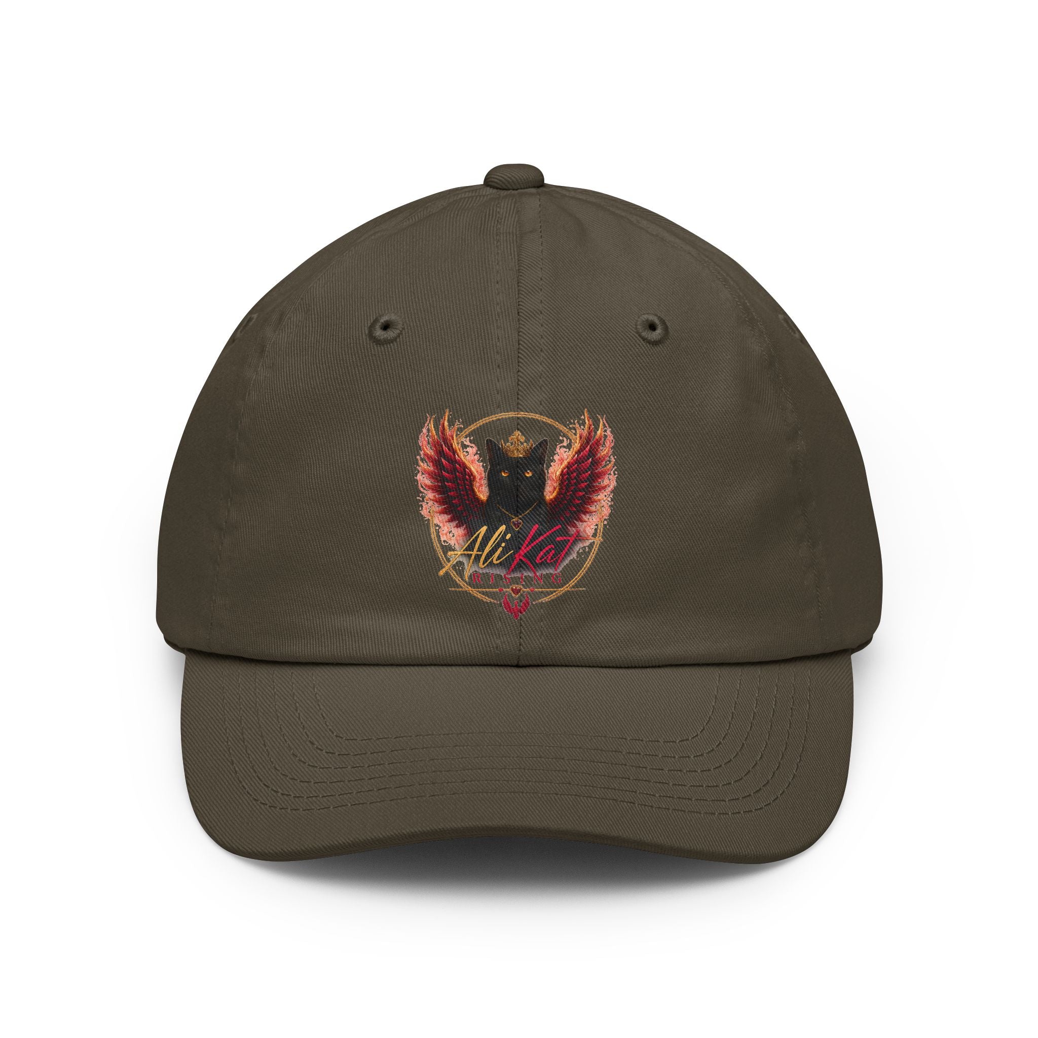 The AliKat Rising Phoenix vol 1 dad hat by AliKat Rising features an olive green design with a striking embroidered black cat sporting fiery red wings, encircled by a golden ring and the word "Alikat" in stylized script beneath. This low-profile hat showcases an attention-grabbing crest, adding a unique and playful flair to any outfit.