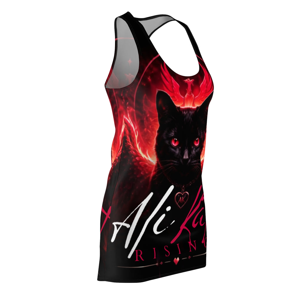 Introducing the Phoenix Vol. 1 Racerback Dress by AliKat Rising—a stunning piece featuring an all-over print of a black cat with fiery red wings, set against a dramatic dark background with bold red accents and graceful cursive text highlighting "Ali" and "Rising.