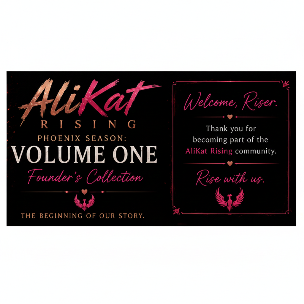 A black and pink graphic for AliKat Rising Volume One Founder’s Collection with a welcome message thanking new members for joining the AliKat Rising community.