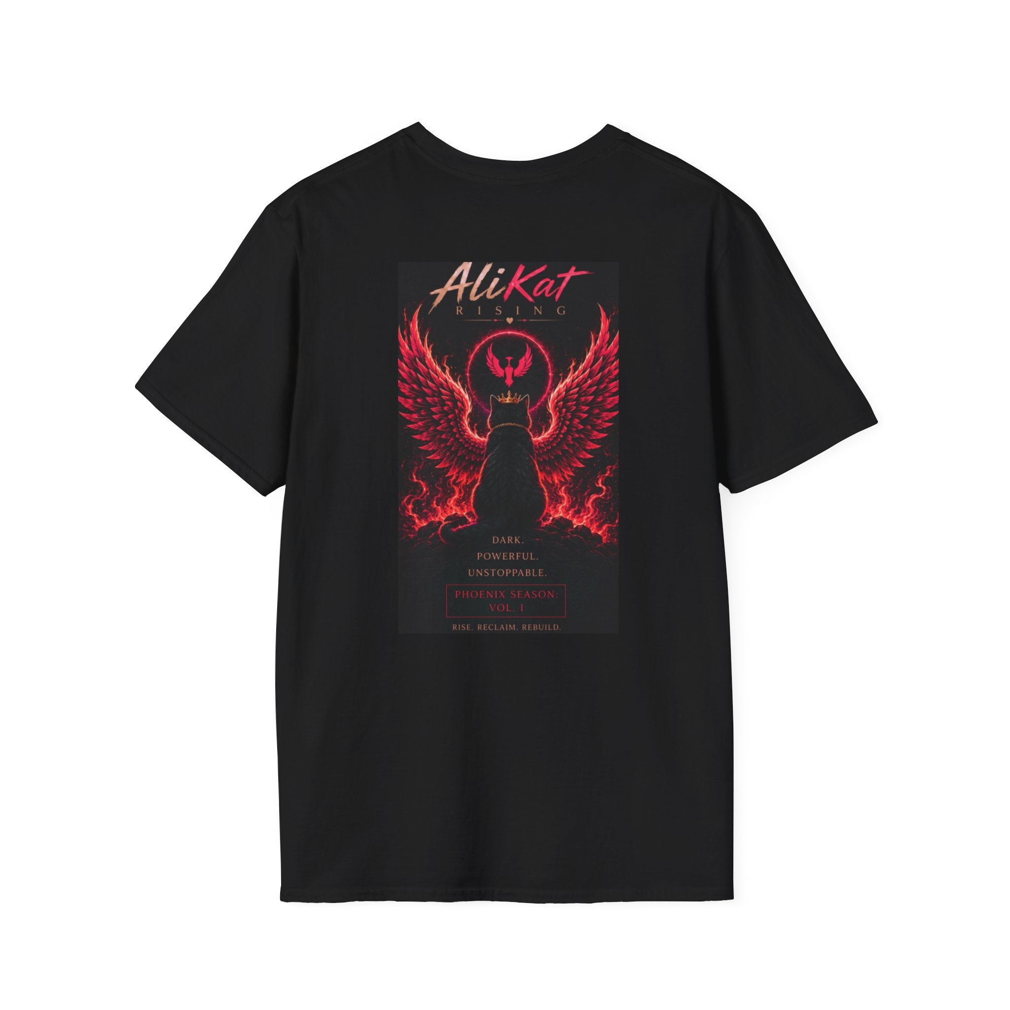 Black "Phoenix Vol. 1 Graphic Tee" by AliKat Rising, featuring a bold back graphic of a figure with fiery red wings, the “AliKat Rising” logo, and the words “Dark, Powerful, Unstoppable” beneath the image. Available in sizes S, M, L, XL, and 2XL.