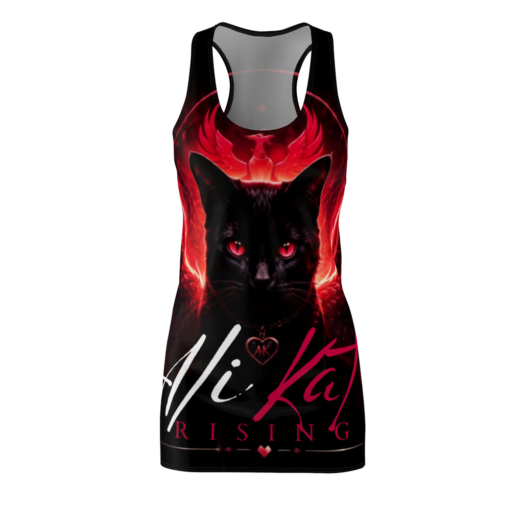 Introducing the Phoenix Vol. 1 Racerback Dress from AliKat Rising—a stunning black dress showcasing a captivating black cat with glowing red eyes set against a vivid red, fiery backdrop. Bold and elegant “AliKat RISING” lettering in white and red completes this all-over print design, making it a fierce statement piece for any wardrobe.