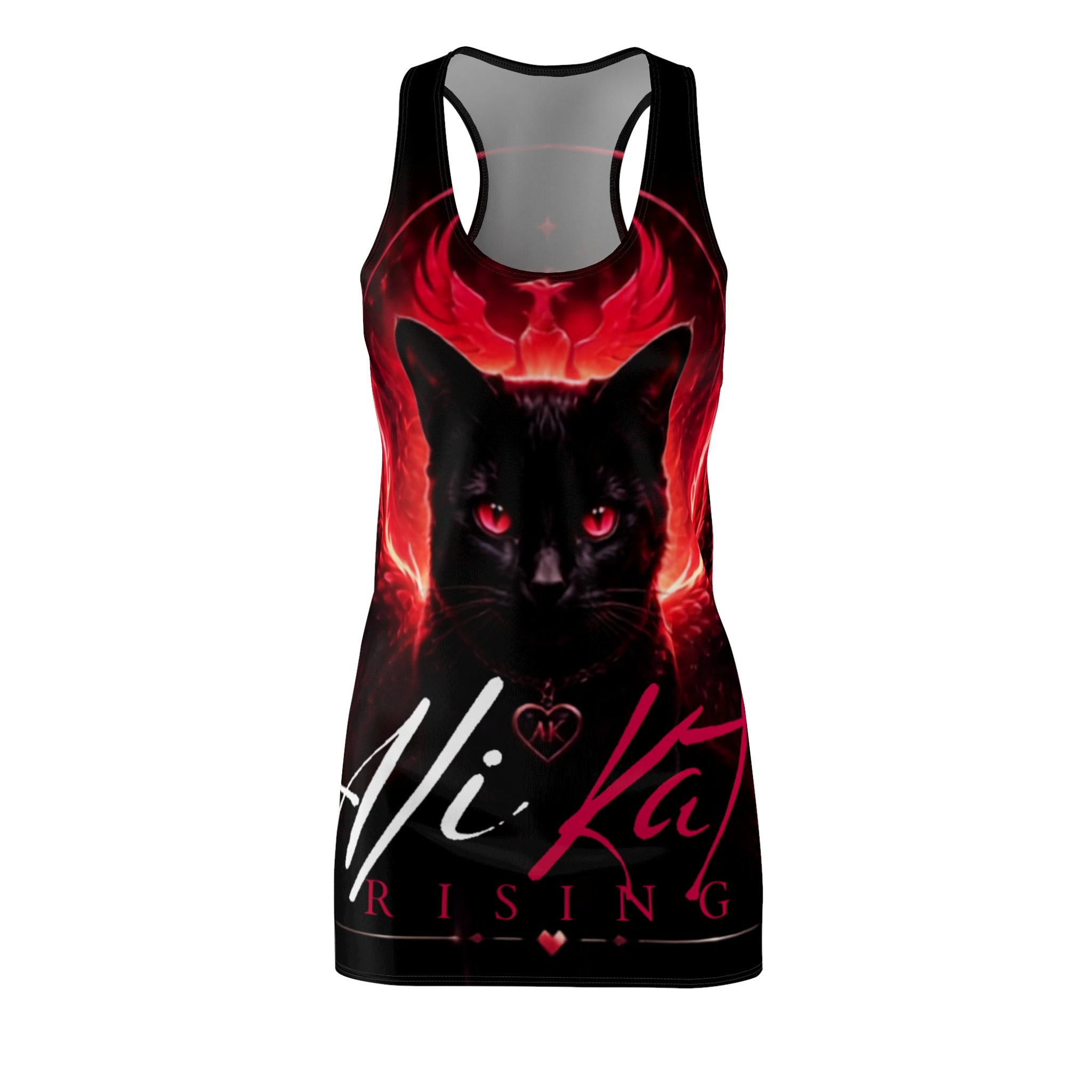 Introducing the Phoenix Vol. 1 Racerback Dress from AliKat Rising—a stunning black dress showcasing a captivating black cat with glowing red eyes set against a vivid red, fiery backdrop. Bold and elegant “AliKat RISING” lettering in white and red completes this all-over print design, making it a fierce statement piece for any wardrobe.