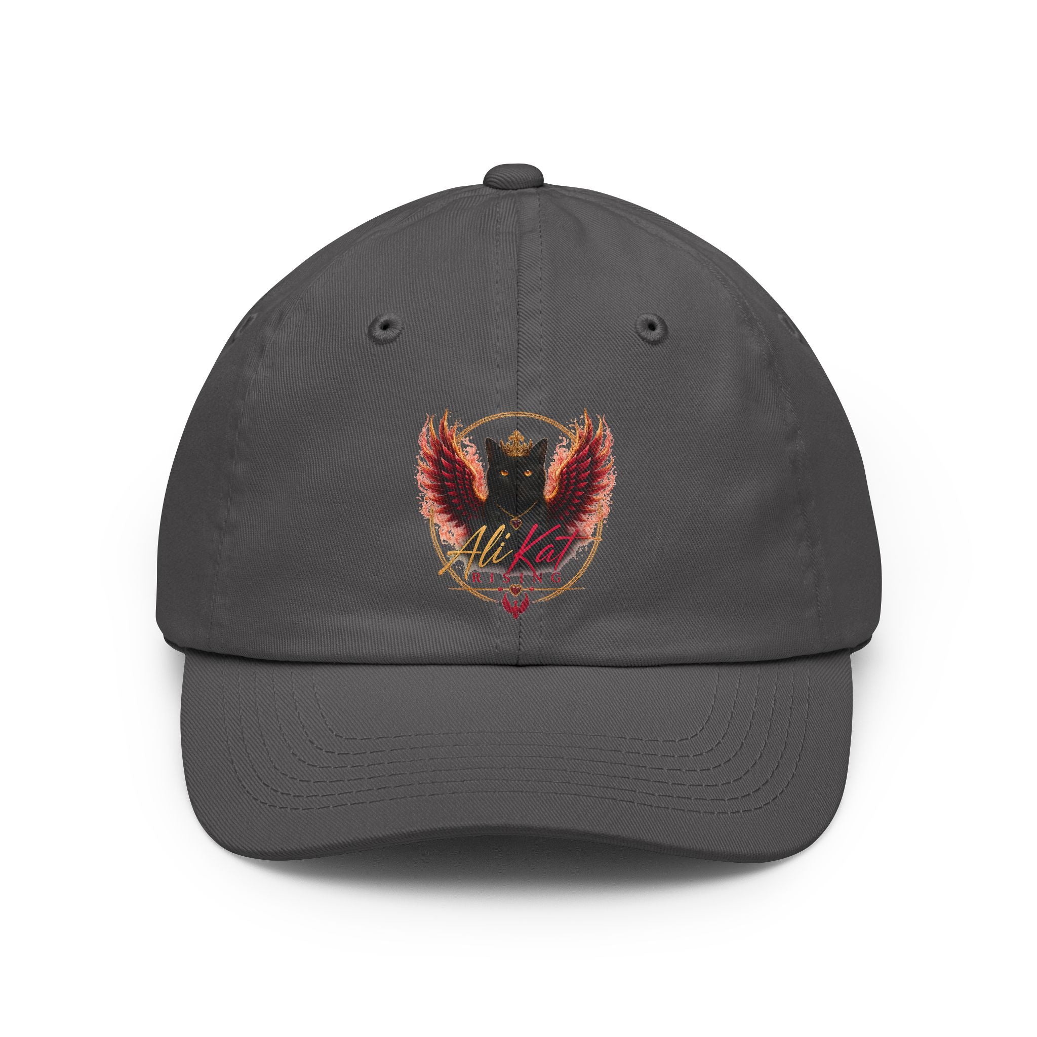 Sure! Here’s a rewrite using your product data: The AliKat Rising Phoenix vol 1 dad hat by AliKat Rising features a gray baseball cap design with an embroidered crest showcasing a black cat, fiery red-orange wings, and the word "AliKat" in cursive beneath the artwork.