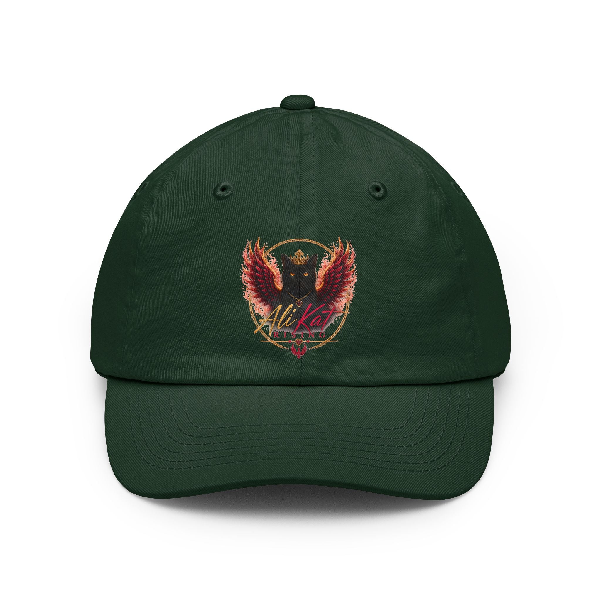 The AliKat Rising Phoenix vol 1 dad hat by AliKat Rising features a dark green, low-profile design with an embroidered crest of a winged, flaming black cat above the stylized “Alikat” text, centered on the front.