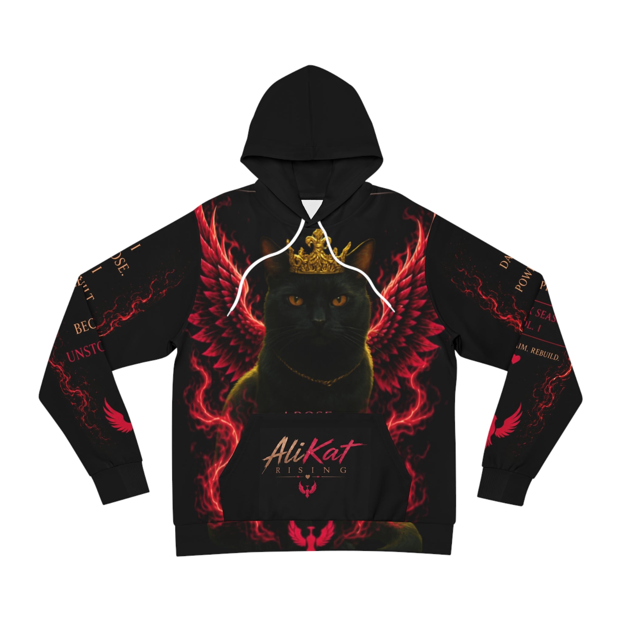 Introducing the Phoenix Wings Hoodie — AliKat Flame Graphic Pullover by AliKat Rising. This black hoodie displays a striking graphic of a black cat crowned in gold with vibrant red fiery wings, set above the “AliKat Rising” text. The sleeves and background feature bold red flame patterns with complementing graphics. Available in sizes S, M, L, XL, and 2XL—please consult our size chart for precise length and width measurements in inches to find your perfect fit.