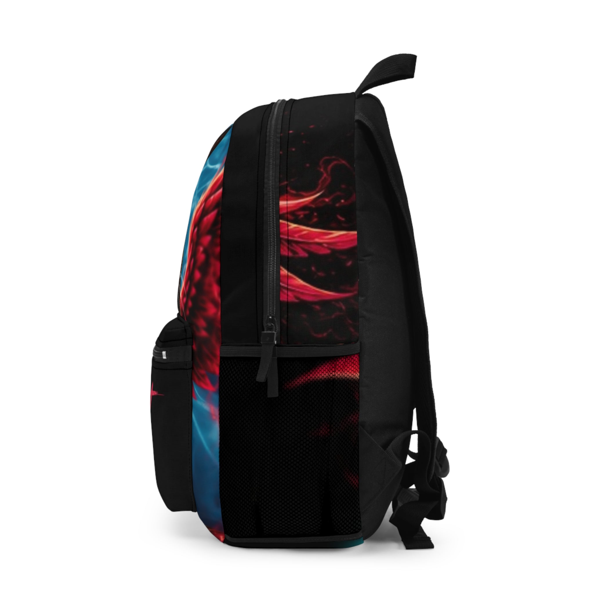 Side view of the Phoenix Vol. 1 Backpack | AliKat Rising by AliKat Rising, showcasing a bold red and blue abstract phoenix design, black straps, a mesh side pocket, and a top handle set against a white background. This statement backpack from AliKat Rising merges vibrant artistic flair with practical everyday features.