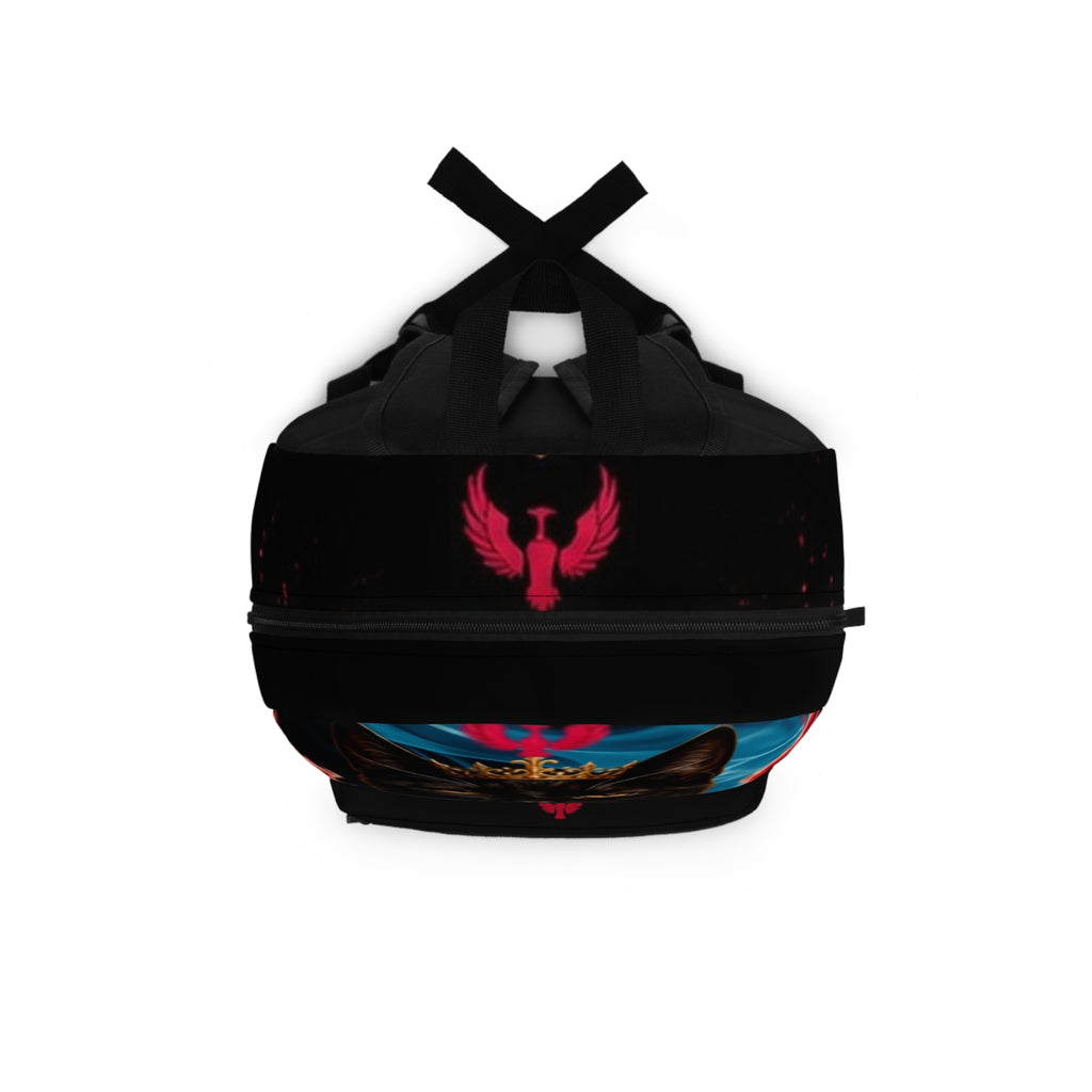 Shown against a white background is the Phoenix Vol. 1 Backpack by AliKat Rising, featuring a black design with a red winged logo and a blue-and-gold motif on the lower front that echoes its signature bold aesthetic.