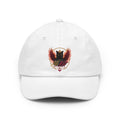 Introducing the AliKat Rising Phoenix vol 1 dad hat by AliKat Rising—a white, low-profile cap featuring a vibrant embroidered crest with a black cat sporting bold red wings and gold accents. The "Alley Cat RISING" logo is displayed on the front. This classic dad hat includes a curved brim and stitched eyelets for style and breathability.