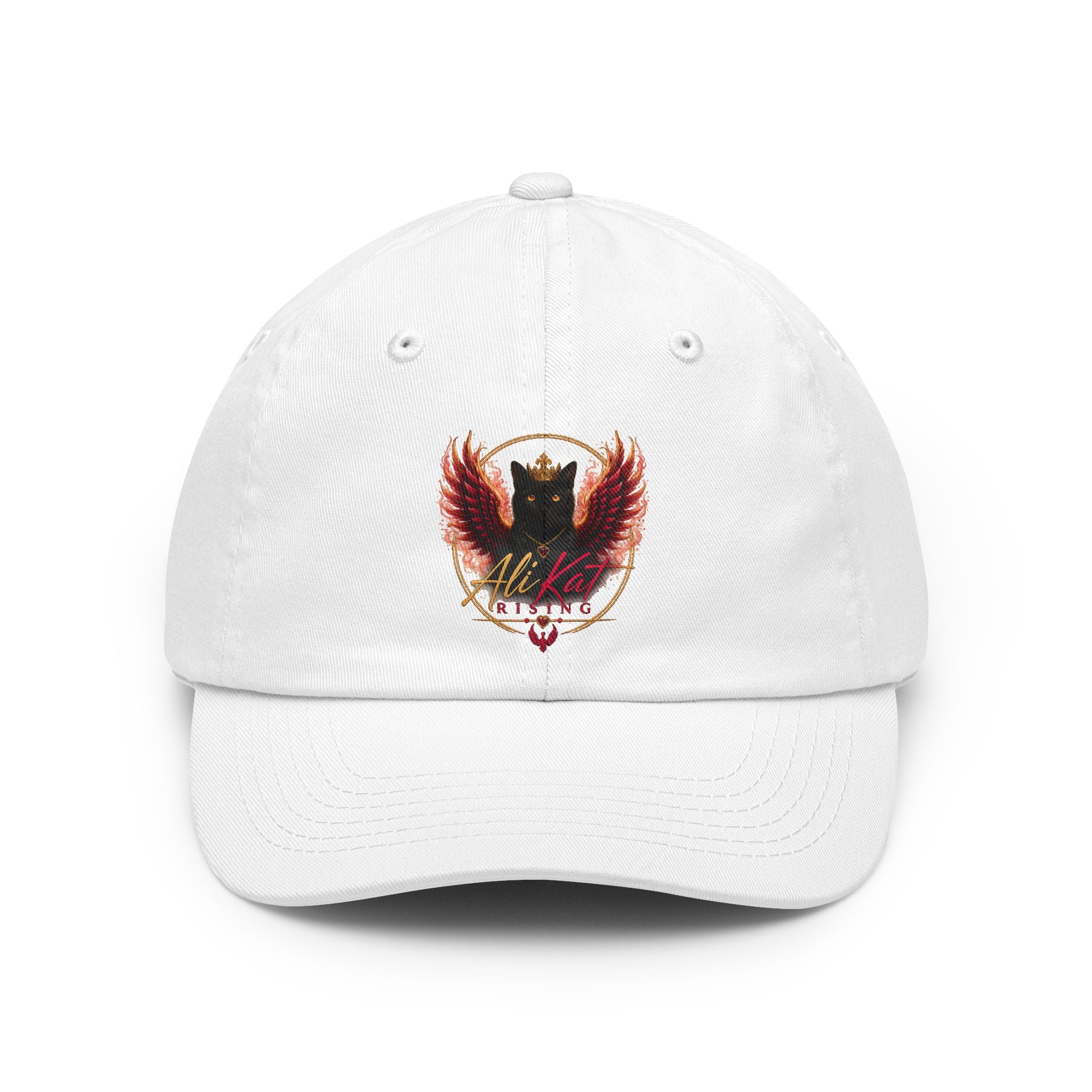 Introducing the AliKat Rising Phoenix vol 1 dad hat by AliKat Rising—a white, low-profile cap featuring a vibrant embroidered crest with a black cat sporting bold red wings and gold accents. The "Alley Cat RISING" logo is displayed on the front. This classic dad hat includes a curved brim and stitched eyelets for style and breathability.