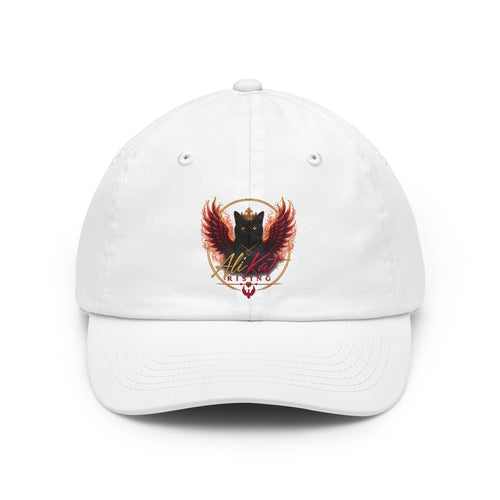 Introducing the AliKat Rising Phoenix vol 1 dad hat by AliKat Rising—a white, low-profile cap featuring a vibrant embroidered crest with a black cat sporting bold red wings and gold accents. The "Alley Cat RISING" logo is displayed on the front. This classic dad hat includes a curved brim and stitched eyelets for style and breathability.