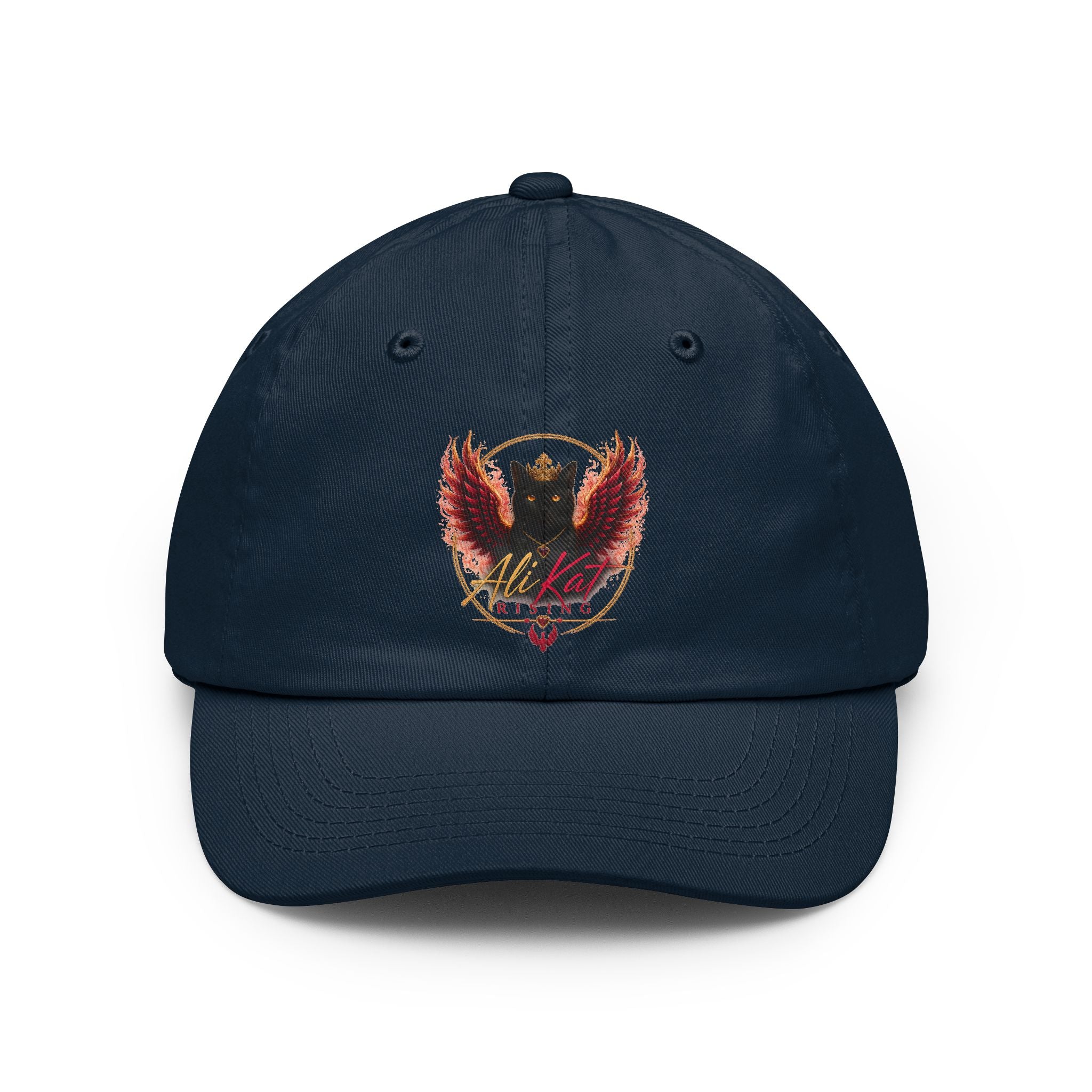 AliKat Rising Phoenix vol 1 dad hat by AliKat Rising—a navy blue low-profile cap with an embroidered fiery red phoenix crest and the text "Alikats" on the front.