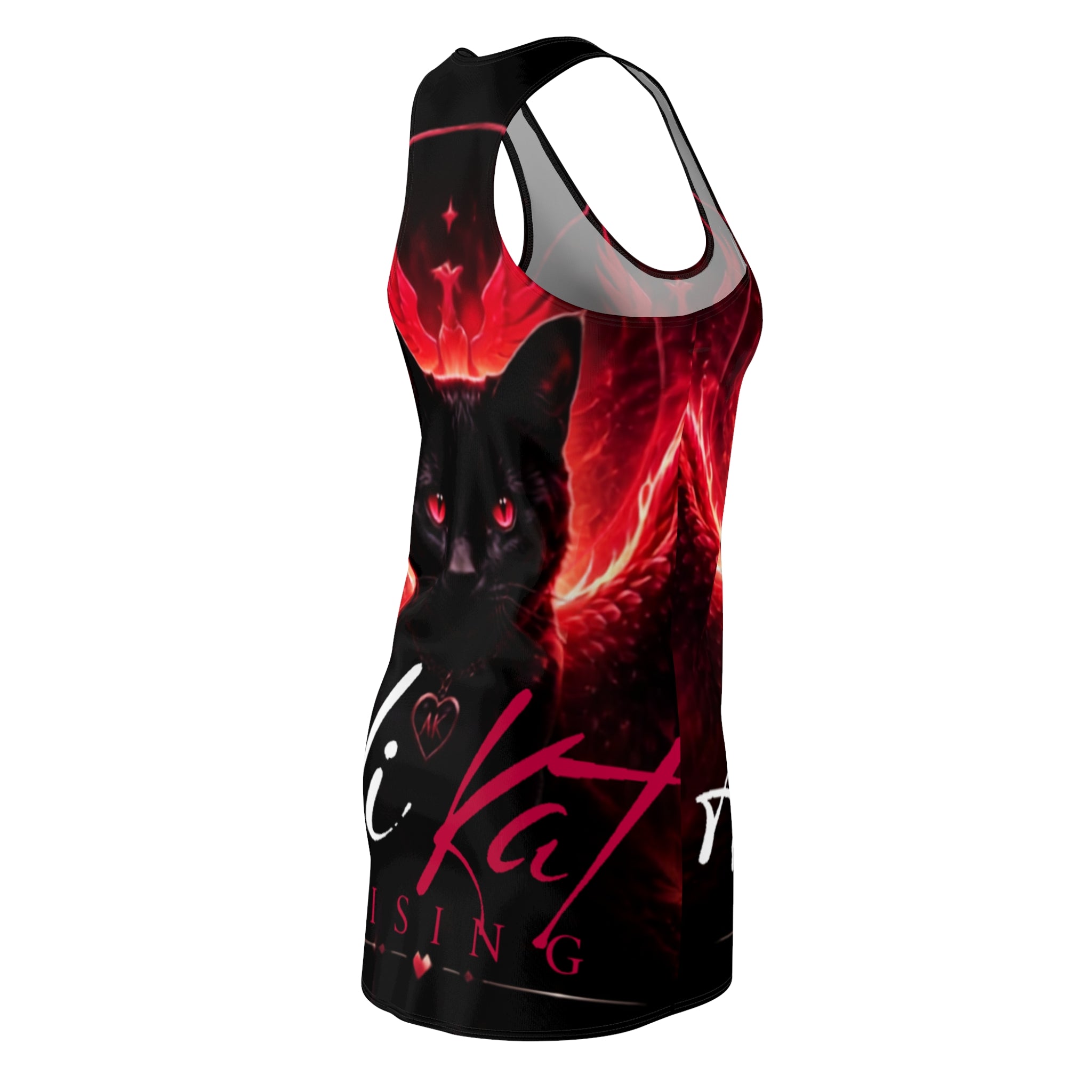 Inspired by the bold aesthetic of the AliKat Rising Phoenix Vol. 1 Racerback Dress, this sleeveless tank top showcases a striking black cat with red angel wings set against a fiery red background. Edgy, stylized text appears subtly near the hem, echoing the all-over print and signature style of AliKat Rising designs.