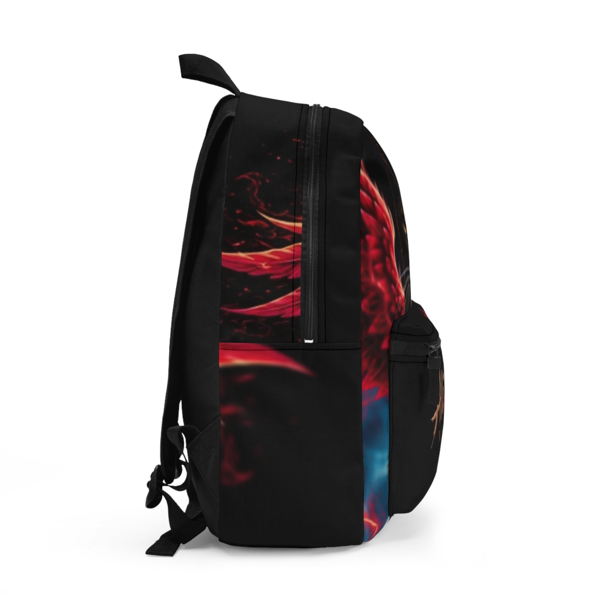 Side view of the Phoenix Vol. 1 Backpack by AliKat Rising, an art-forward backpack showcasing a striking red and blue abstract flame or phoenix motif on its side panel.