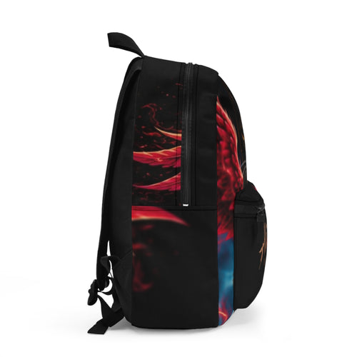 Side view of the Phoenix Vol. 1 Backpack by AliKat Rising, an art-forward backpack showcasing a striking red and blue abstract flame or phoenix motif on its side panel.