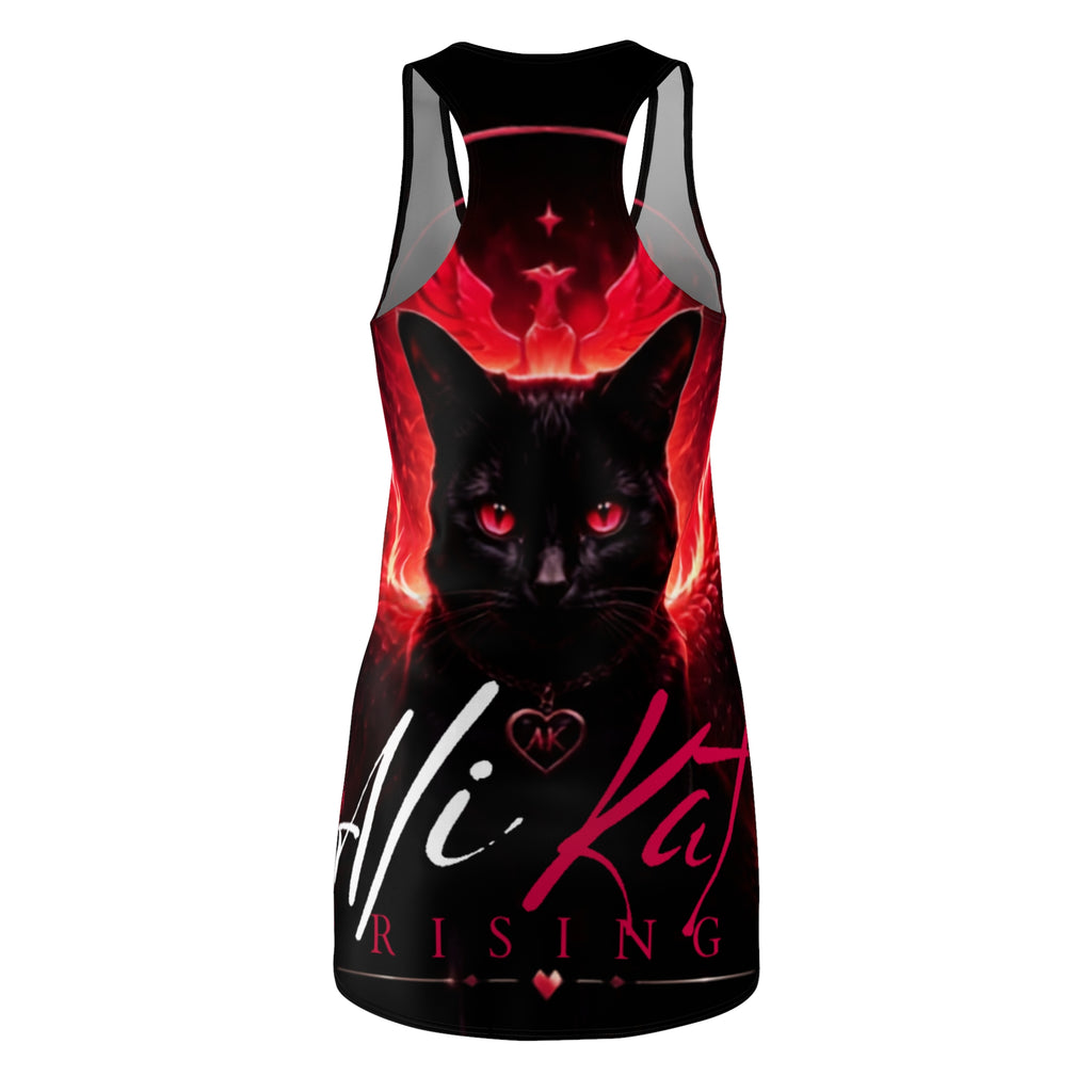 The Phoenix Vol. 1 Racerback Dress by AliKat Rising features an all-over print of a black cat with glowing red eyes, encircled by fiery red patterns, and showcases the stylized text “Hi. Kit RISING” at the bottom.