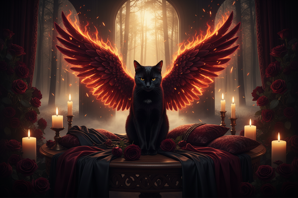 A black cat with glowing red, fiery wings sits on a table surrounded by roses, candles, and draped fabrics, with a misty forest visible through arched windows in the background.
