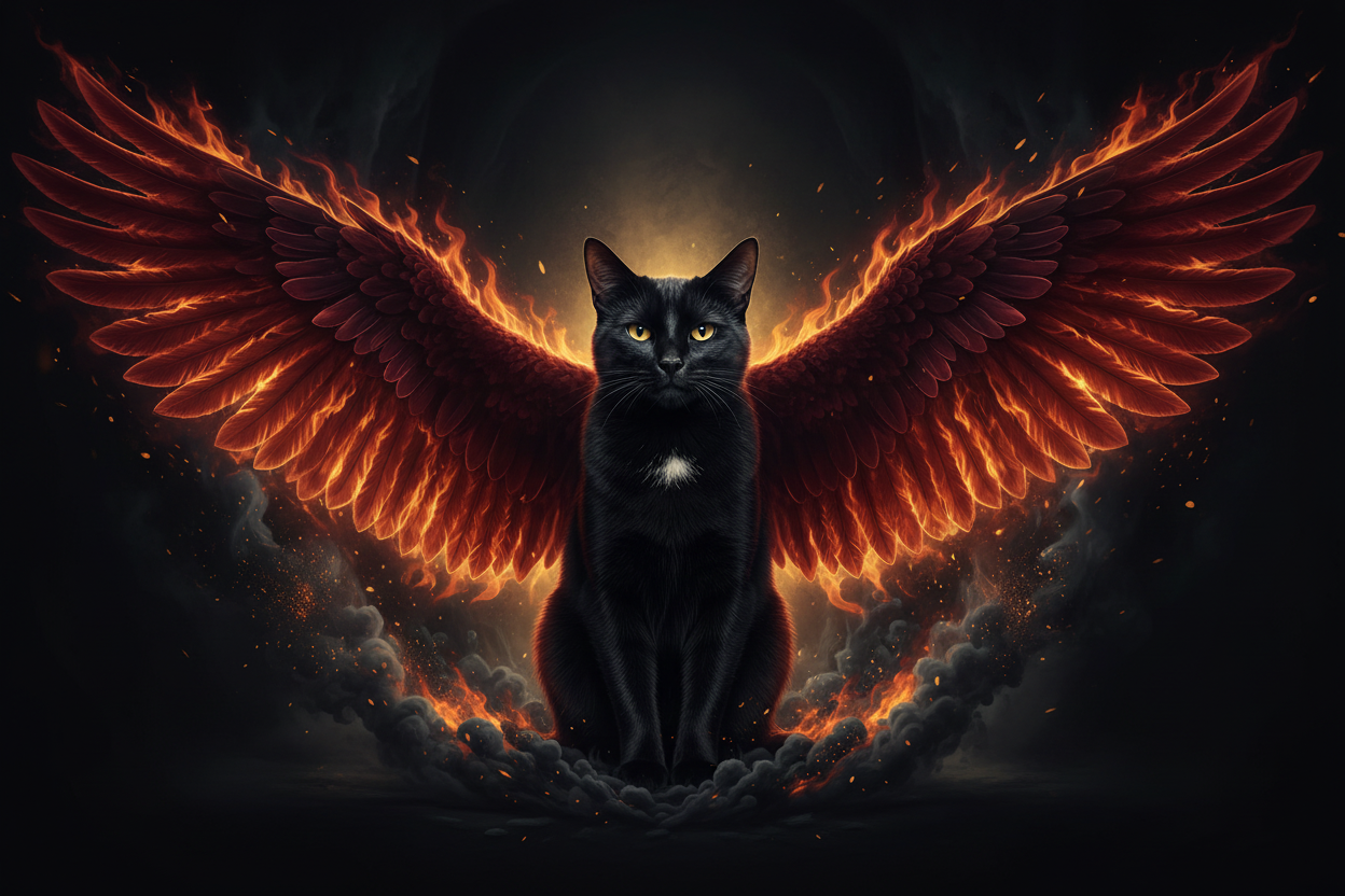 A black cat with glowing yellow eyes sits calmly, surrounded by fiery, outstretched wings made of flames, with smoke and dark background emphasizing its mystical and powerful presence.